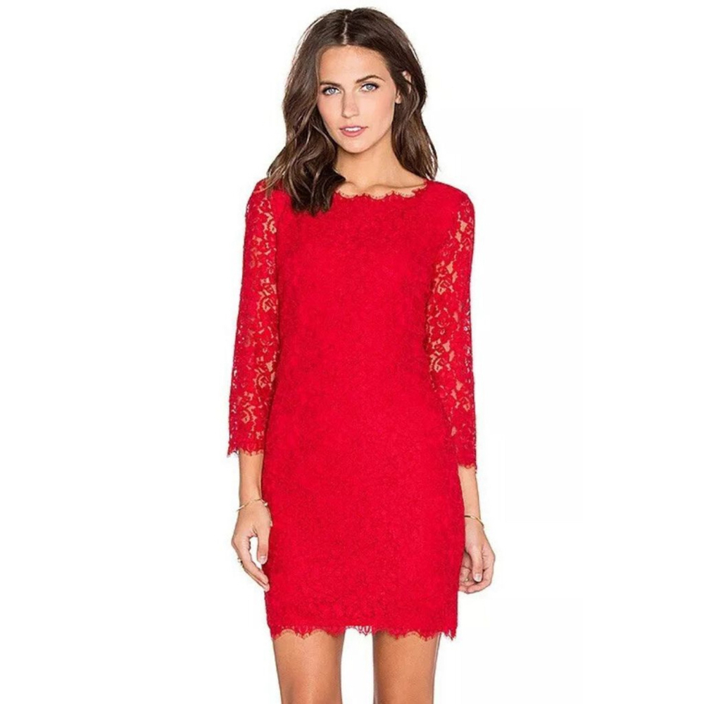 Women's DIANE von FURSTENBERG Red Lace Long Sleeve Dress Size 10